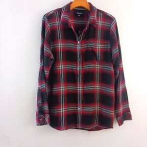 Madewell Women's Size Large Red Black Rollins Plaid Classic Ex Boyfriend Shirt.